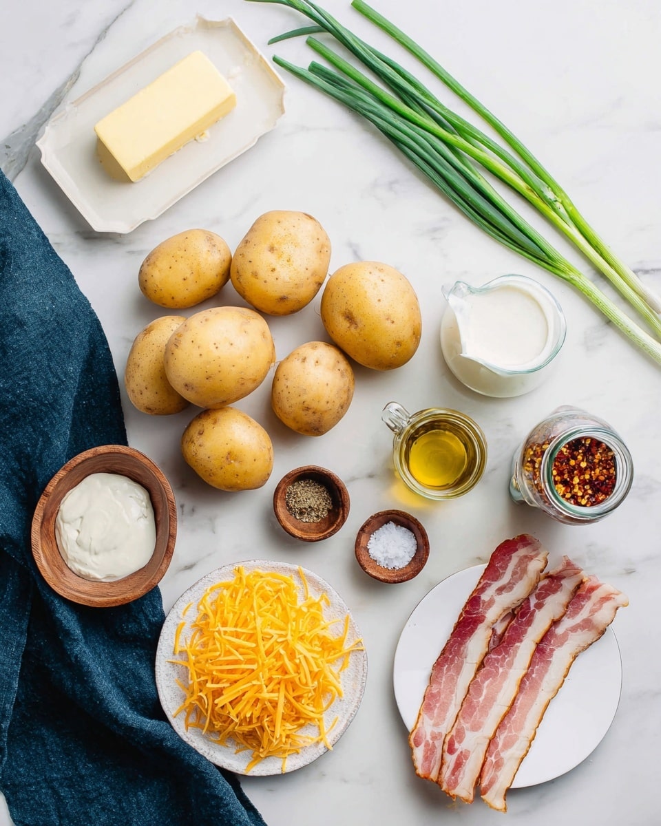 The image shows raw ingredients for a dish arranged on a white marbled surface: seven light brown potatoes grouped near a dark blue cloth on the left, a small white dish with a stick of yellow butter partially covered by a white butter dish lid at the top left, and three fresh green onions stretching diagonally across the center. Near the top right, a transparent glass jug contains white cream, next to a small glass jar filled with golden oil and a clear spice bottle with red chili flakes inside. At the bottom left, two small wooden bowls hold white salt and black pepper, and at the bottom center, shredded orange cheddar cheese and a block of yellow-orange cheddar rest on a small white plate. Finally, at the bottom right, four slices of raw bacon with pink and white fat layers lie on a white plate. Photo taken with an iphone --ar 4:5 --v 7