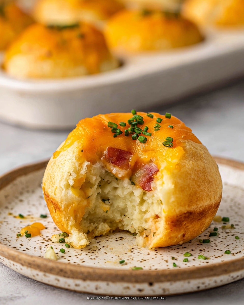 The image shows a golden-brown baked ball with a smooth, shiny crust and a bite taken out of it from the front. Inside the ball, there are three visible layers: a top layer of melted cheddar cheese with a rich orange color, beneath it a layer of creamy mashed potatoes mixed with small pieces of cooked bacon, and some sprinkled small green chive pieces on top and around. The ball sits on a white speckled plate that rests on a white marbled textured surface. In the background, a white baking pan with other similar baked balls is blurred out. Photo taken with an iphone --ar 4:5 --v 7