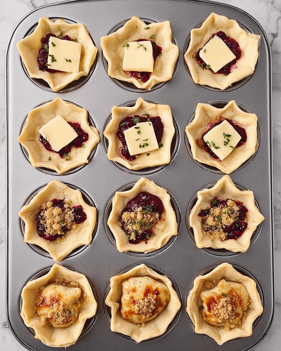 A 12-cup muffin tray filled with small tart shells made from light beige dough, each shell pressed into the cups with soft, slightly uneven edges. In the second step, each shell holds a square of pale yellow cheese placed in the center. The third step adds a dark red, chunky berry mixture spooned over the cheese, topped with a sprinkling of light brown crumbs. In the final step, the tarts are baked to a golden brown with puffed, crispy edges, the dark berry filling visible in the center, garnished with small green herb sprigs on some tarts. The tray lies on a white marbled surface. Photo taken with an iphone --ar 4:5 --v 7