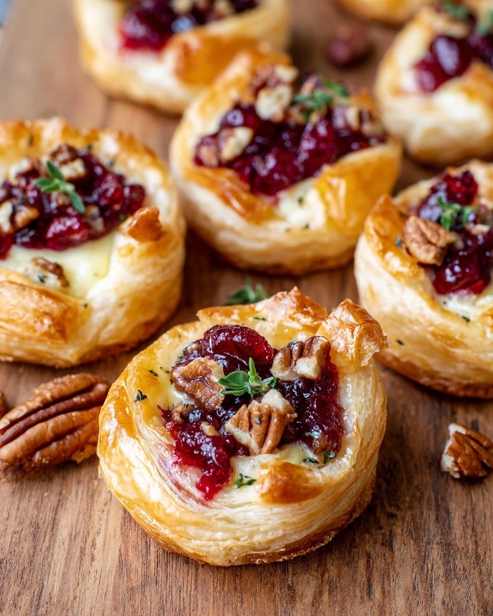 The image shows a close-up of small round pastries on a wooden surface. Each pastry has a golden brown, flaky puff pastry base formed into a cup shape. Inside the pastry, there is a creamy pale yellow cheese layer topped with bright red cranberry sauce. Small pieces of brown pecans are scattered on top along with tiny green herb leaves, adding texture and color contrast. The pastries are arranged in a casual cluster, some overlapping slightly, with crumbs and pecan pieces around them. The scene looks warm and inviting. photo taken with an iphone --ar 4:5 --v 7