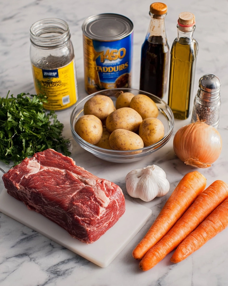 The image shows raw ingredients for a beef stew arranged on a white marbled surface. On the left, there is a bunch of fresh green herbs in a glass jar next to a can of beef broth with a silver top and a yellow container of corn starch with a blue lid. In front, there is a thick, marbled raw beef piece placed on a small white cutting board. To the right of the meat, a glass bowl is filled with light brown potatoes, and beside it are three long orange carrots, an onion with brown skin, and several garlic cloves grouped together. Behind the vegetables, a dark brown bottle of Worcestershire sauce stands upright, and to its right, a clear bottle of olive oil with a metallic pour spout and a transparent pepper grinder are set. photo taken with an iphone --ar 4:5 --v 7