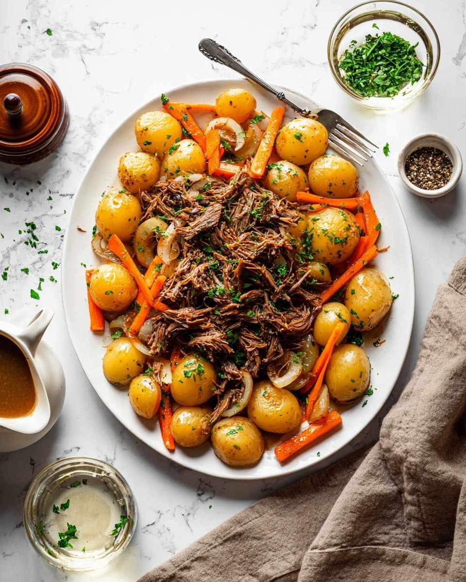On a large white plate, there is a dish with three main layers. The bottom layer is made of whole baby golden potatoes that are smooth and shiny, mixed with thin orange carrot sticks and translucent cooked onion slices. On top of this, there is a generous pile of shredded brown meat, tender and juicy looking, scattered with green herbs. The potatoes, carrots, and onions circle the meat, creating a border around it. On the side of the plate, there is a silver fork resting on the white marbled surface. Nearby, on the white marbled table, there is a glass of clear liquid, fresh herbs, a small bowl filled with pepper, and a leather container, with a white gravy boat filled with brown sauce towards the bottom left corner. photo taken with an iphone --ar 4:5 --v 7