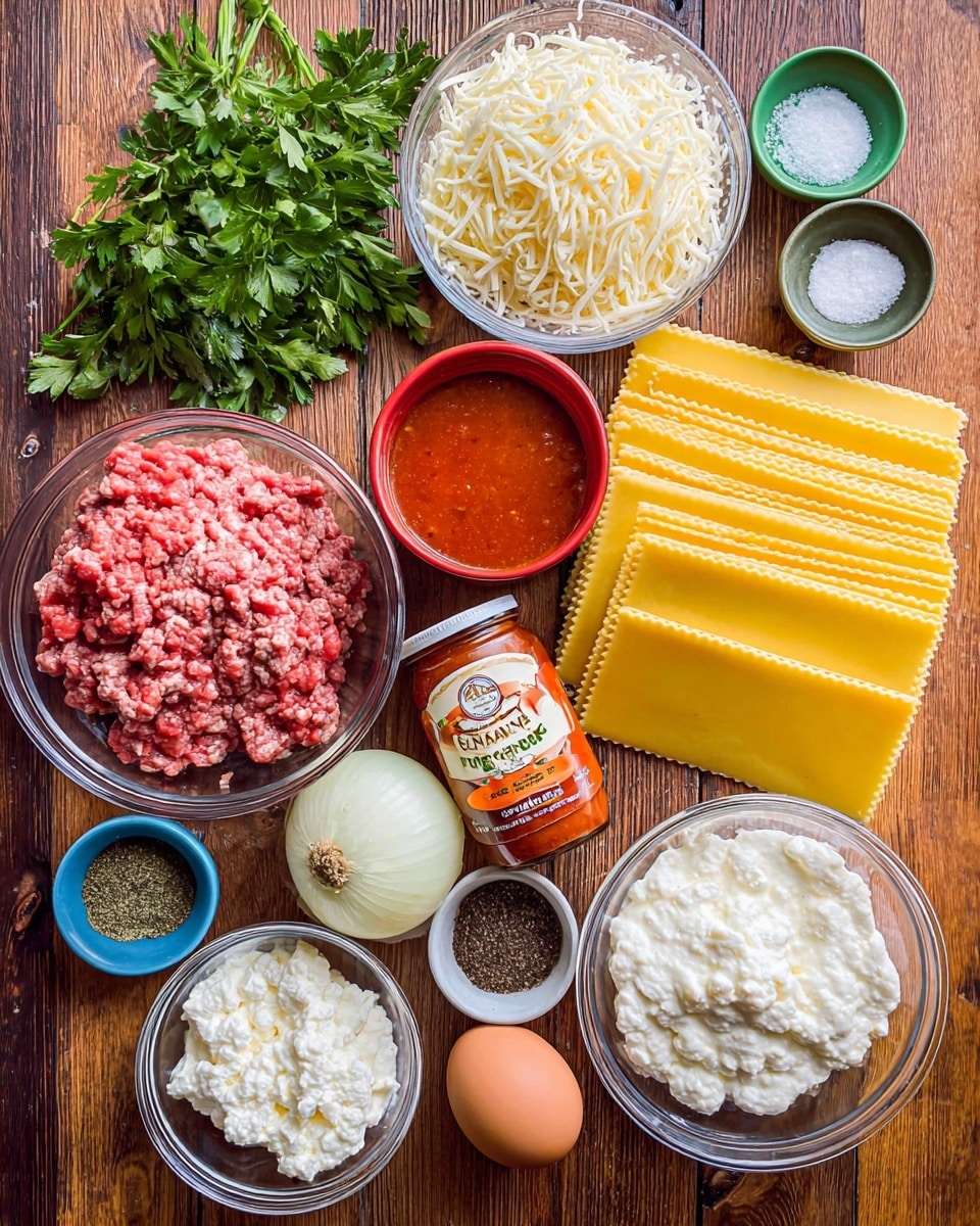 The image shows all the ingredients for making lasagna arranged neatly on a wooden surface. There are eight long, flat, yellow lasagna pasta sheets stacked in the top right corner. Nearby is a glass bowl filled with finely shredded mozzarella cheese, white in color with a soft texture. Beside it is a glass bowl of fluffy white ricotta cheese. A smaller white bowl holds white cottage cheese with a lumpy texture placed near fresh green parsley and a brown egg. A glass jar of red tomato sauce with an orange label is at the center, slightly tilted. A half white onion sits near the jar. On the left, a glass bowl contains raw ground meat, red with some fat mixed in. Surrounding this, small white and blue bowls hold different dry spices and salt, and two small green and red bowls contain dark and dry herbs. A few garlic cloves are also visible in the top left corner. photo taken with an iphone --ar 4:5 --v 7