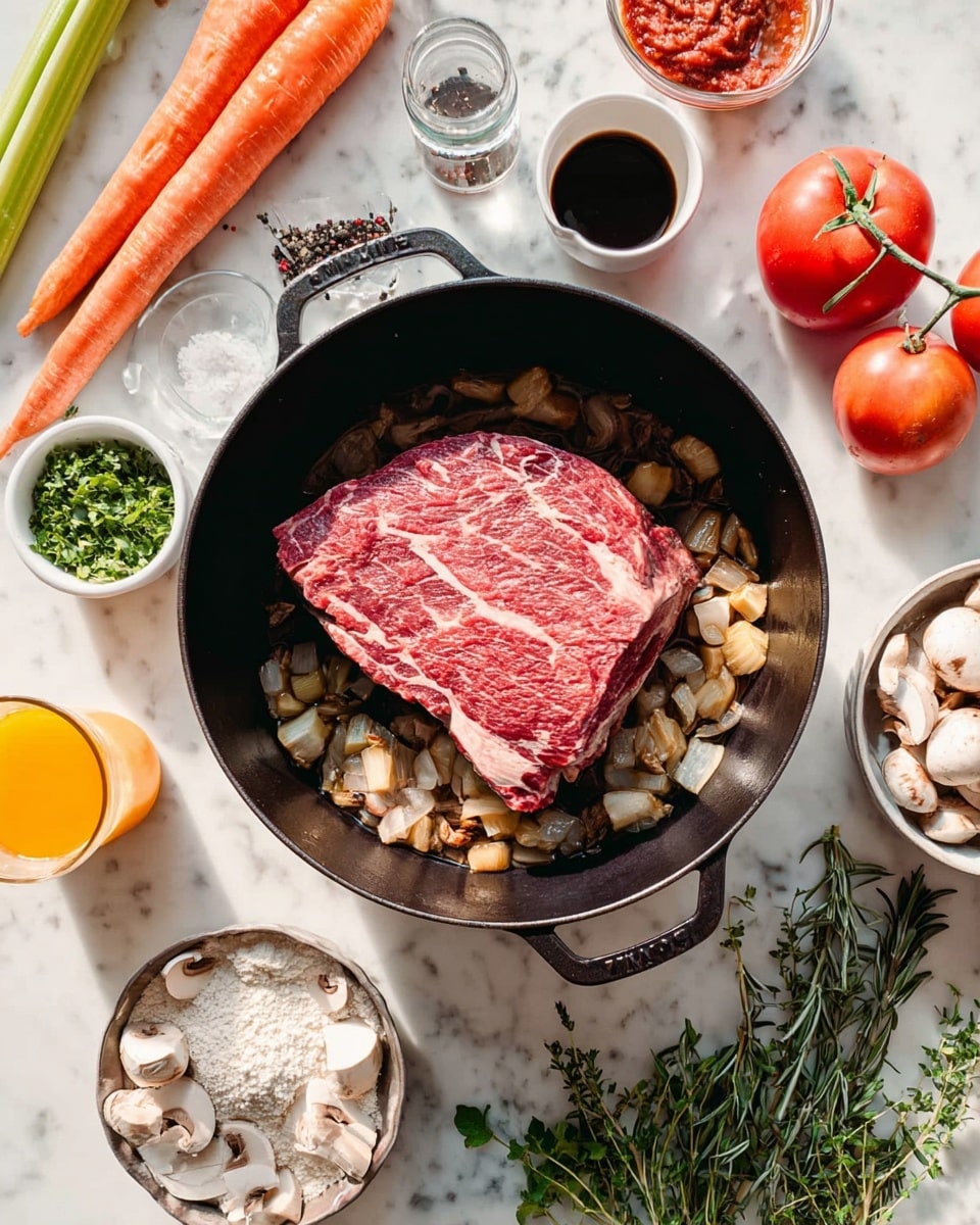 The image shows a large black cast iron pot placed on a white marbled surface, with a large piece of raw red marbled meat lying flat in the center, surrounded by small browned and cooked onion pieces all around the meat inside the pot. Around the pot lie various fresh ingredients: two orange carrots and two celery stalks on the upper left, a cup of dark soy sauce, two whole red tomatoes near the top right, a small white bowl with salt and pepper, a glass measuring cup with a clear liquid, a bowl of sliced white mushrooms on the right side, a small bowl of tomato paste, fresh green parsley in a small bowl, a small bowl of white flour, sprigs of fresh green rosemary, and a cup filled with orange juice all arranged neatly around the pot. The lighting is bright and natural, emphasizing the freshness and colors of the ingredients. Photo taken with an iphone --ar 4:5 --v 7