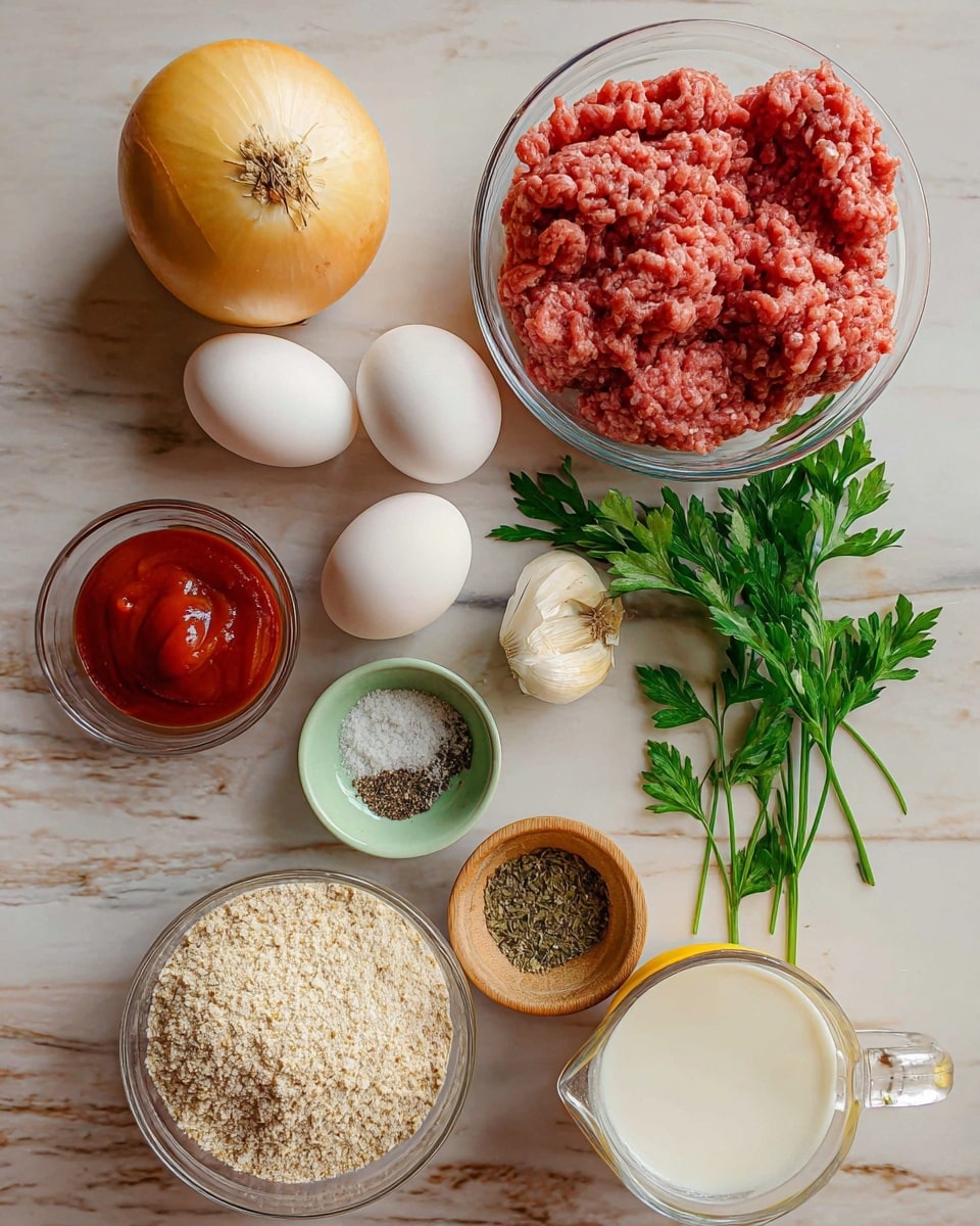 The image shows a collection of cooking ingredients arranged neatly on a white marbled surface. In a clear bowl at the top right, there is a large amount of raw ground meat with a pinkish-red color. To the left of it is a whole yellow onion and three garlic cloves, along with two white eggs placed close together. Below the onion and garlic, there is a small clear dish filled with ketchup, and next to it, a small pale green bowl with ground black pepper. Centered at the bottom is a metal measuring cup full of light-colored bread crumbs, next to a small wooden bowl containing salt. A bunch of fresh green parsley leaves is positioned just above the salt and bread crumbs. On the right side, there is a clear measuring cup with white milk inside and a small yellow bowl filled with dried herbs. The setting is simple and clean with natural lighting, photo taken with an iphone --ar 4:5 --v 7