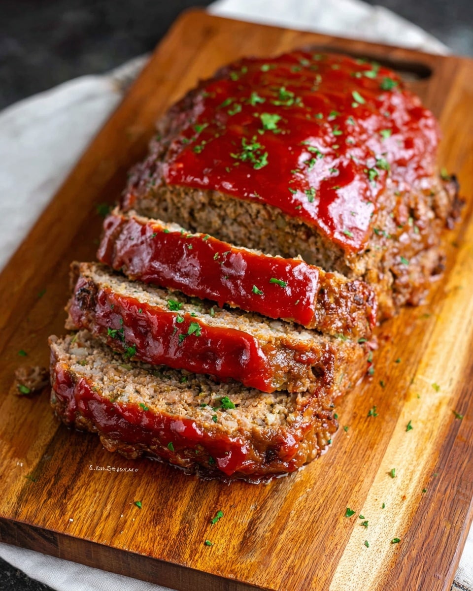 This image shows a white rectangular plate holding a meatloaf with three thick slices cut from the left side. The meatloaf has two visible layers: a moist, rough-textured brown inside and a shiny, smooth dark red glaze on top and around the sides. Small green herb leaves are sprinkled on and around the meatloaf. In the background, there is a glimpse of a white plate with mashed potatoes and green beans. The whole scene is set on a white marbled surface. photo taken with an iphone --ar 4:5 --v 7