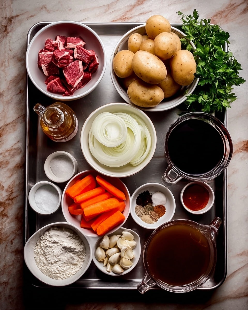 A metal tray holds several small white bowls arranged neatly on a white marbled surface. One large white bowl contains six whole light brown potatoes, placed near the center top. To the left, a clear bowl with small red meat chunks shows a marbled texture. Below the potatoes, a smaller white bowl holds thinly sliced white onions stacked in layers, and next to it, a white bowl filled with bright orange baby carrots. Nearby are tiny white dishes, one with peeled garlic cloves and another with a reddish-brown paste. There are two clear glass measuring cups on the right side, one filled with dark brown liquid and the other with a lighter brown broth. On the left, a small white bowl has white flour, and next to it, another bowl shows six different spices and salt in a circular pattern by color. A small syrup bottle with honey or syrup sits in the middle of the tray. Fresh green parsley peeks from the top right corner. The photo taken with an iphone --ar 4:5 --v 7