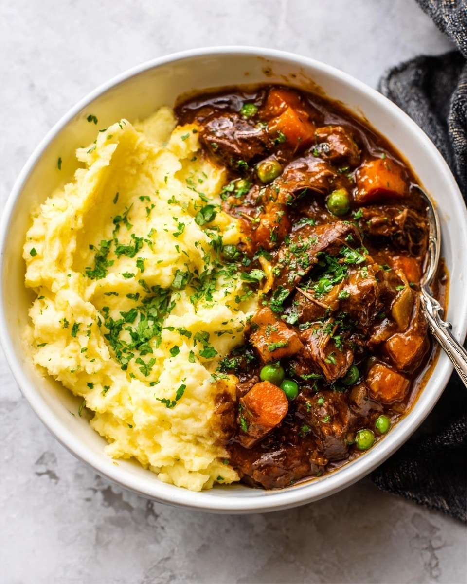 A white bowl contains two main layers: on one side, there is creamy, pale yellow mashed potatoes with a smooth texture and a sprinkle of chopped green herbs on top; on the other side, there is a rich, dark brown beef stew with visible chunks of tender beef, orange carrot pieces, and green peas, all covered in thick gravy. A silver spoon rests inside the bowl on the stew side. The bowl is placed on a white marbled surface below, and the photo is taken with an iphone --ar 4:5 --v 7