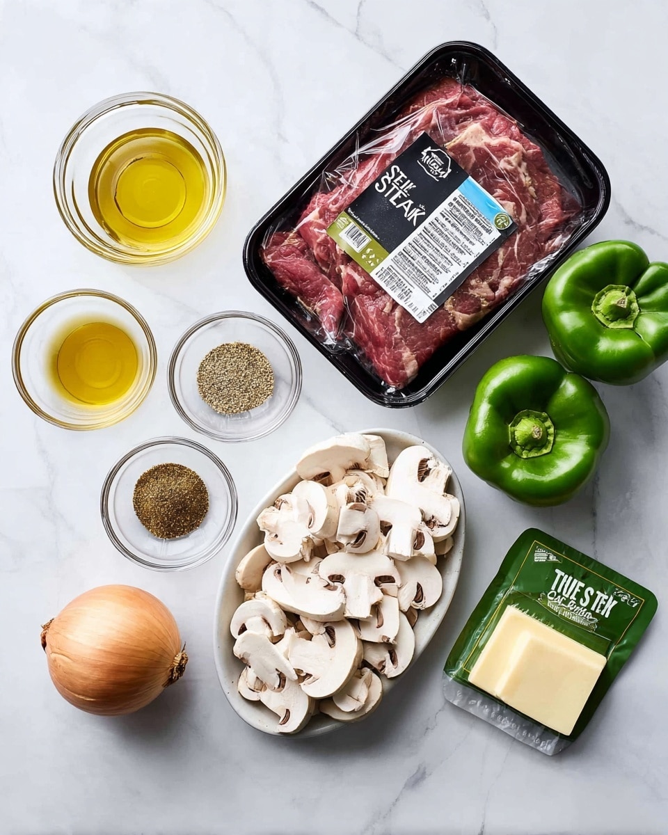 A flat lay image on a white marbled surface shows ingredients for a dish. There is a black plastic package of shaved beef steak with a label on top, placed near the top center. To the right, two whole green bell peppers and a green package of provolone cheese slices lie side by side. Below the beef package, a white bowl holds sliced white mushrooms. To the left of the bowl, small clear glass bowls contain yellow butter cubes, golden olive oil, a light tan powder, dark brown liquid, and black pepper. A whole light brown onion sits near the bottom left corner. The photo taken with an iphone --ar 4:5 --v 7