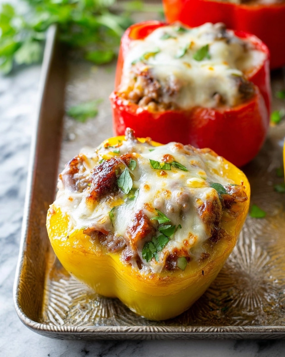 This image shows two stuffed bell pepper halves placed on a metal tray with an embossed pattern. The pepper in the front is yellow, filled with a thick layer of melted cheese that is browned and bubbly on top, topped with browned meat chunks mixed with more melted cheese and sprinkled with small green herb pieces. Behind it, a red bell pepper half with a similar filling of browned meat and melted cheese is visible. The background is a white marbled texture with some green herb leaves scattered around. photo taken with an iphone --ar 4:5 --v 7