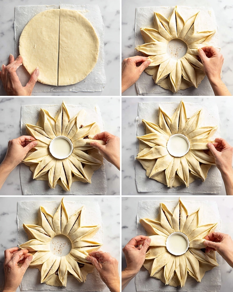 The images show a step-by-step process of shaping a star bread on a white marbled surface with parchment paper underneath. The dough circle has multiple layers visible at the edges indicating a filling between, with a white ramekin placed in the center. Initially, the dough is cut into 4 wide sections, then 8 sections, and finally 16 thinner triangular sections radiating from the center. The woman's hands are seen gently twisting pairs of these triangular sections outward to create a twisted star petal design, with layers of dough and filling clearly visible in the twists. The finished shape resembles a circular star with twisted, layered petals around a solid center, showcasing the light golden tones of the dough and darker filling lines. photo taken with an iphone --ar 4:5 --v 7