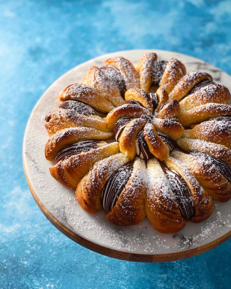 A round pastry is shown on a white marbled surface, placed on a wooden cake stand. The pastry is shaped like a flower with a smooth golden-brown center and 12 twisted sections forming petals around it. Each petal has several layers of light brown dough and dark chocolate filling, creating a striped look. A light dusting of powdered sugar covers the entire pastry and the surrounding white marbled surface. The bright blue background contrasts with the warm colors of the pastry. photo taken with an iphone --ar 4:5 --v 7