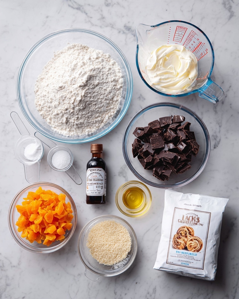 The image shows several clear glass bowls and plastic measuring cups placed on a white marbled surface. The largest bowl holds a heap of white flour with a slightly coarse texture. Next to it, a plastic measuring cup contains white cream with a smooth surface. Another clear bowl is filled with dark chocolate pieces, rough and broken into chunks. A smaller bowl holds vibrant orange diced dried fruit, with a slightly glossy look. There is also a small bowl with light golden liquid, a plastic measuring cup with clear water, and two small white measuring scoops, one filled with white sugar and the other with beige yeast granules. In the center, there is a small dark bottle labeled vanilla extract, and a white bag of Swedish pearl sugar with a picture of cinnamon rolls on it. The setup is clean and organized on the white marbled surface. Photo taken with an iphone --ar 4:5 --v 7