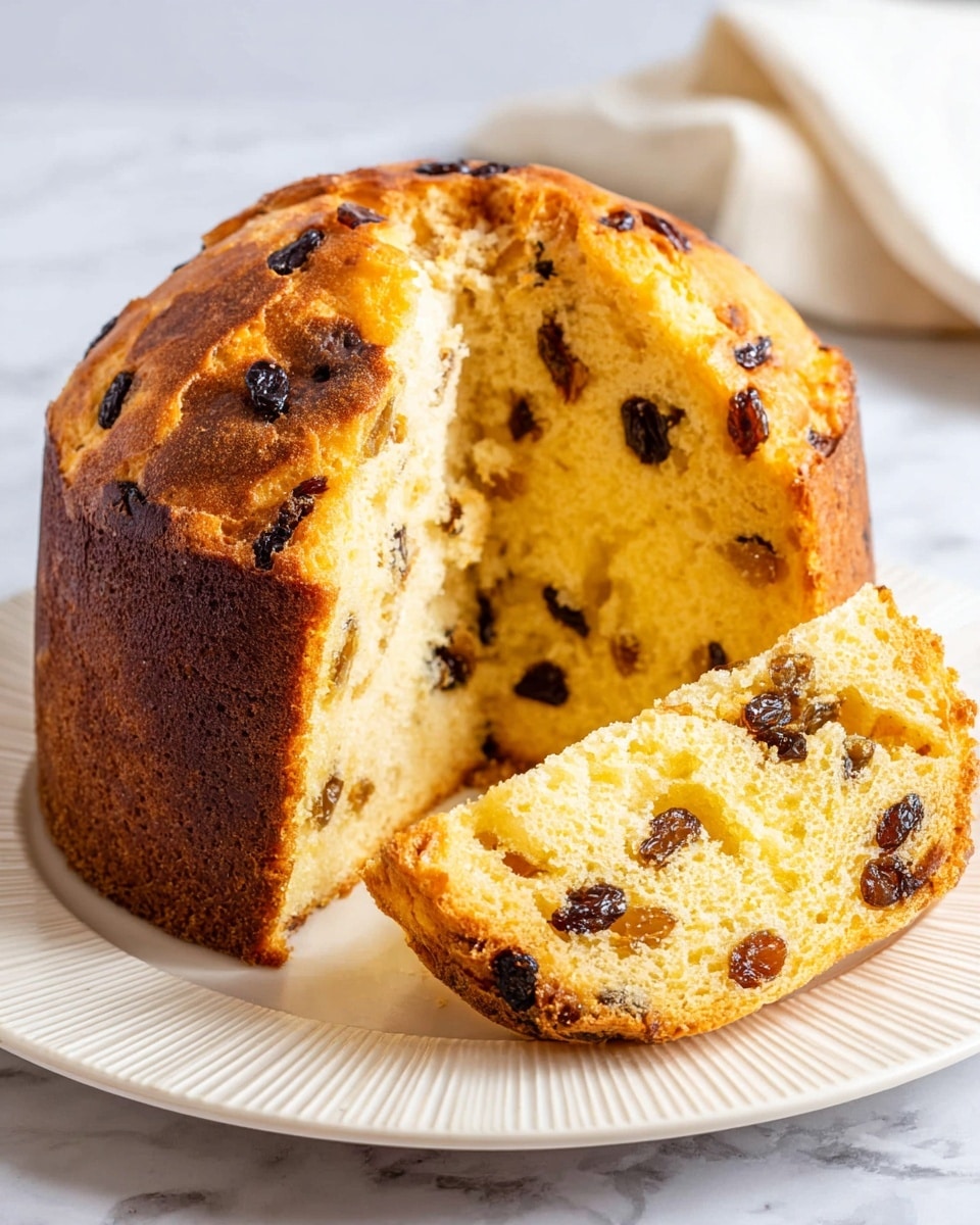 A tall, round baked cake with a golden-brown crust sits on a white plate with a ridged pattern. The cake is cut open to show its soft, pale yellow inside filled with dark raisins evenly spread throughout. The crust is slightly shiny and textured, showing some darker toasted spots. The background is a white marbled surface with a blurred light-colored cloth in the back. photo taken with an iphone --ar 4:5 --v 7