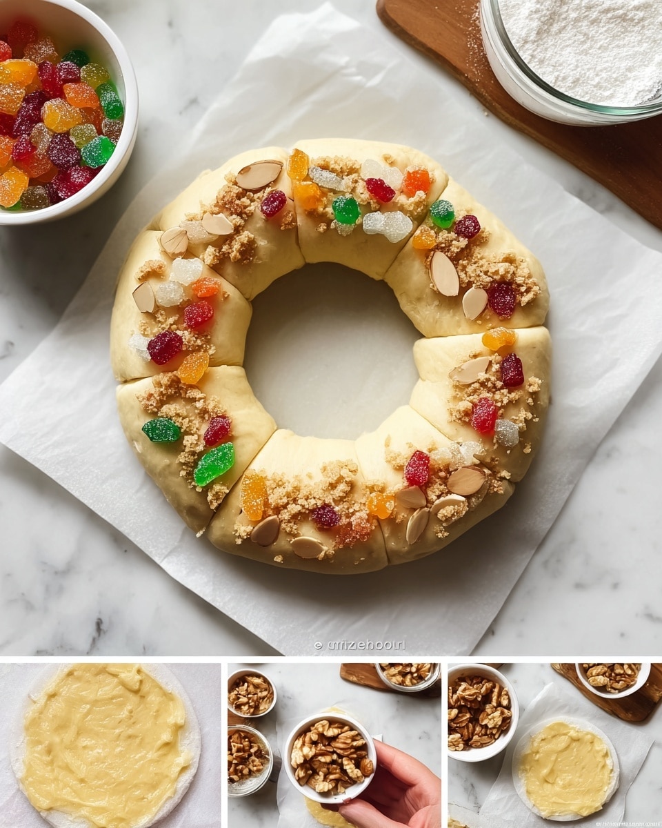 The image shows a ring-shaped dough on white parchment paper placed on a white marbled surface, topped with scattered layers of bright red, green, and orange candied fruits, thin light brown almond slices, white sugar crystals, and small brown crumbly pieces. The dough has a smooth pale yellow texture and is divided into sections by lines of a creamy yellow paste that looks soft and slightly shiny. Surrounding images show the same dough ring before toppings on white parchment paper, and ingredients like candied fruits, almonds, walnuts, and sugar arranged in small white bowls on a wooden surface. There is also a close-up of a woman's hand holding a small white bowl with three almonds above the dough ring. Photo taken with an iphone --ar 4:5 --v 7