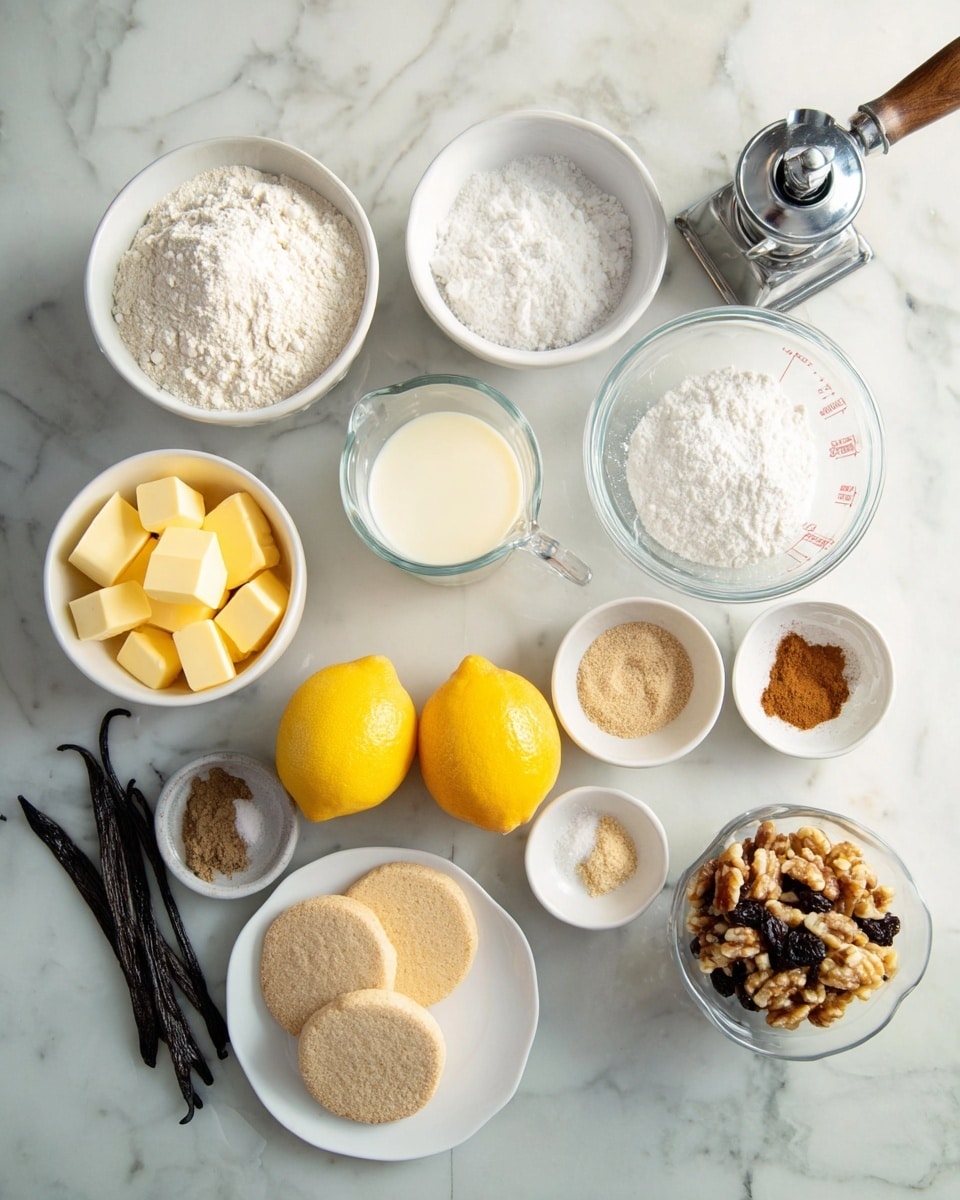 The image shows various ingredients arranged neatly on a white marbled surface. There are nine white bowls and a clear measuring cup holding different ingredients: one bowl has white flour piled high, another has white powdered sugar, one holds white granulated sugar, and another has yellow cubed butter. The clear measuring cup contains milk. There are also two bright yellow lemons near the center. A small white bowl holds a light beige powder, and another bowl holds a darker beige powder. A small container of cinnamon spice and a silver bowl filled with light brown roasted nuts and dark raisins are also present. A white plate has two beige rounds and a dark brown vanilla bean pod. In the top right corner, a silver grinder with a wooden handle sits on the surface. The light is bright and soft, and the photo is taken with an iphone --ar 4:5 --v 7