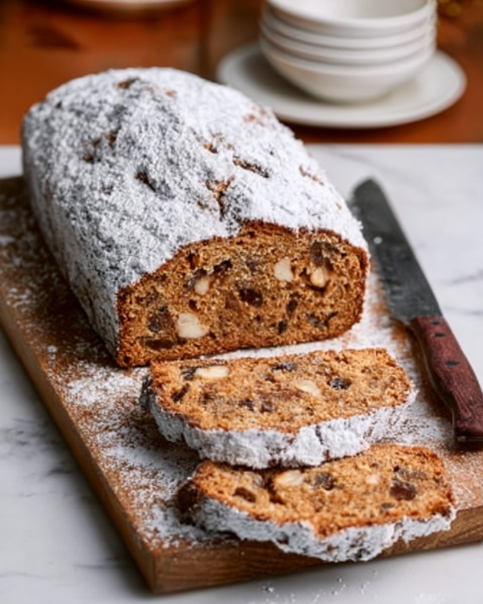 The image shows a loaf of sliced fruitcake on a wooden board, dusted with white powdered sugar that covers the top and sides unevenly, giving it a snowy look. The cake has two visible slices lying flat in front of the whole loaf, displaying a dense brown interior filled with chunks of light-colored fruit and nuts, giving it a textured appearance. A knife with a dark handle is placed to the right on the white marbled surface, near the wooden board. In the background, there are white dishes blurred out, adding depth to the scene. The photo taken with an iphone --ar 4:5 --v 7
