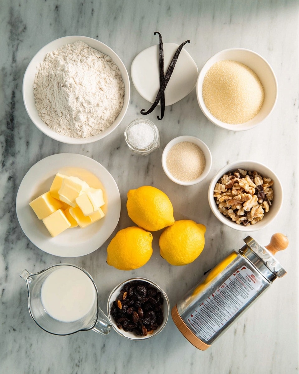 The image shows a white marbled surface with several ingredients arranged neatly. In the top left corner, there is a white bowl filled with white flour. Below it, a small white plate holds a vanilla bean and two light-colored solid pieces. Next to it, a bowl with bright yellow cubes of butter is visible. To the right of the butter, there is a clear measuring cup with white milk. Near the center, two bright yellow lemons are placed side by side, with a small white bowl of off-white granules above them and another small white bowl of light beige powder beside it. On the right side, a stainless steel bowl contains a mix of light brown slivered nuts and dark raisins. Next to it, a small glass jar of cinnamon sits beside a white bowl filled with white powdered sugar. A shiny metal grinder with a wooden knob is positioned near the jar. All items are neatly spaced out, clearly showing each ingredient. Photo taken with an iphone --ar 4:5 --v 7