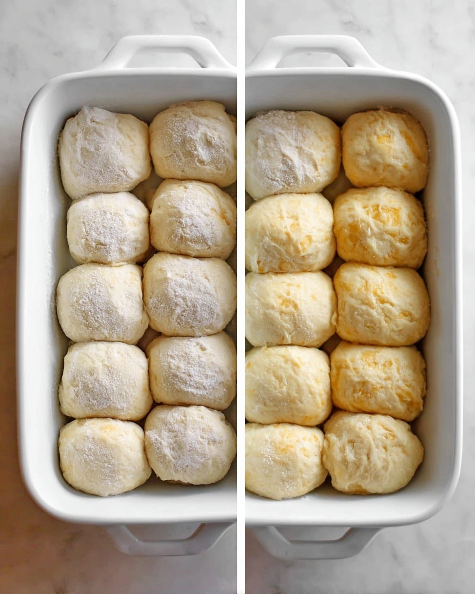 A white rectangular baking dish contains two rows of dough pieces before and after rising. On the left side, the dough pieces are smaller, round, and unevenly shaped with a pale flour-dusted surface. On the right side, the dough pieces have risen and look larger, smoother, and puffy with a light golden hue and soft texture. The dish sits on a white marbled surface. photo taken with an iphone --ar 4:5 --v 7