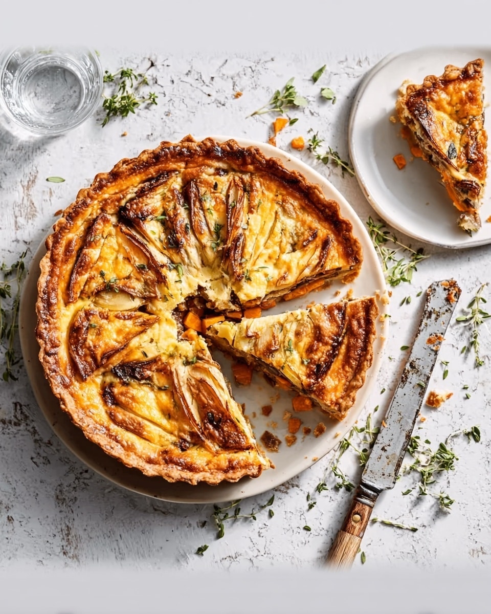 A round savory pie with a golden brown crust sits on a white plate, its surface showing well-baked, slightly shiny topping pieces arranged in a circular pattern with some filling visible between them. One slice is missing, revealing the layered inside filled with chunks of orange and brown ingredients suggesting roasted vegetables or meat. Near the plate is a knife with a slightly worn handle and some green herbs scattered around on a white marbled surface. Another small white plate with a single pie slice lies in the top right corner. A clear glass of water is partially visible in the top left corner. Photo taken with an iphone --ar 4:5 --v 7