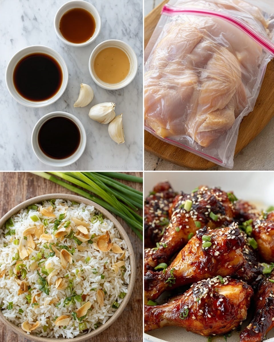 The image shows four smaller photos arranged in a grid. The top left photo has three small white bowls with sauces: a dark soy sauce, a light brown sauce, and a light yellow paste, with a few garlic cloves nearby on a white marbled surface. The top right photo shows raw chicken marinating in a clear plastic bag with a pink zipper, lying on a wooden board. The bottom left photo features a large bowl filled with white rice mixed with slivered almonds and small green onion pieces, with some fresh green onion on the side on a white marbled background. The bottom right photo shows cooked, glazed chicken drumsticks with a dark caramelized color, sprinkled with sesame seeds and chopped green onions, resting on a bed of white rice. photo taken with an iphone --ar 4:5 --v 7