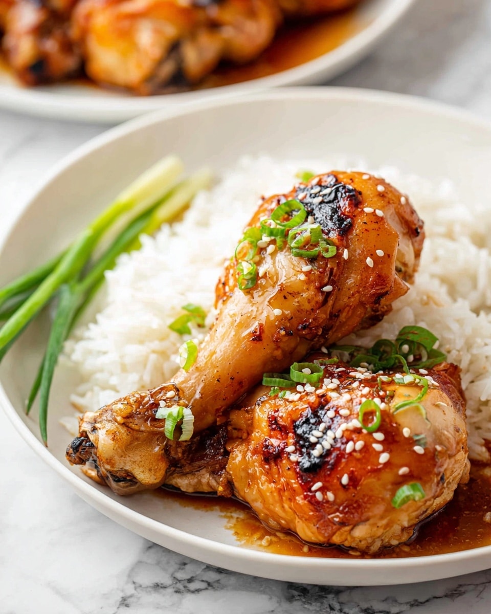 A white plate holds two golden-brown glazed chicken drumsticks garnished with white sesame seeds and chopped green onions. The drumsticks rest on a layer of fluffy white rice, while a few long green onion stalks lie next to the chicken on the left side. The sauce from the chicken coats the rice slightly, adding a shiny texture. The background features a white marbled surface with part of another white plate full of glazed chicken drumsticks and sauce blurred out in the upper part of the image. photo taken with an iphone --ar 4:5 --v 7