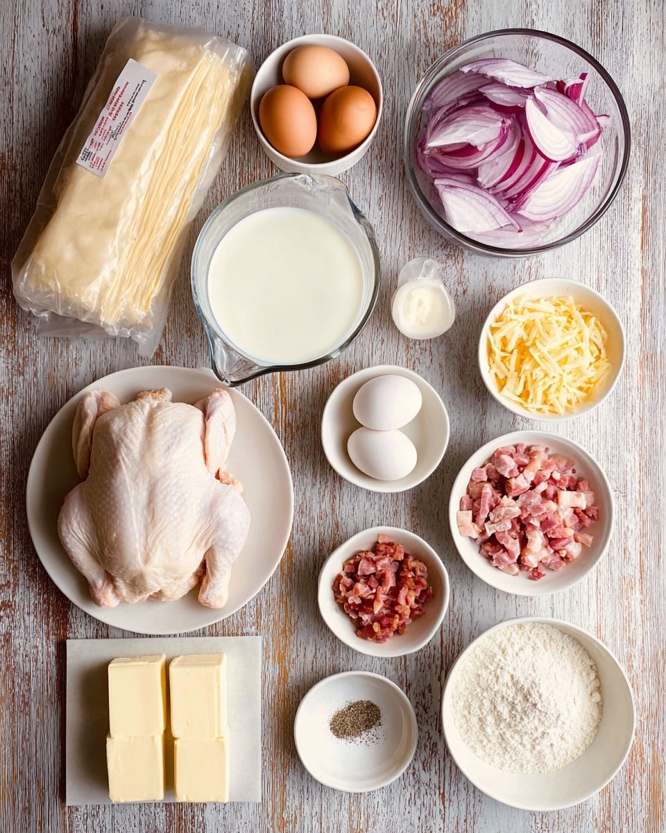 The image shows a top view of cooking ingredients arranged neatly on a wooden table, changed to a white marbled texture. There is a whole raw chicken on a white plate in the bottom left. Above it, a clear glass measuring cup filled with milk. Next to this, a white bowl filled with sliced red onions. To the right, there are small white bowls containing diced ham, grated cheese, flour, ground black pepper, and chopped cooked bacon. Near the bottom left corner, two sticks of butter sit side by side on the table, and next to them, a white bowl holds two whole eggs. A package of stacked sheets of dough or pastry is placed near the top left. The items are evenly spaced and organized. Photo taken with an iphone --ar 4:5 --v 7