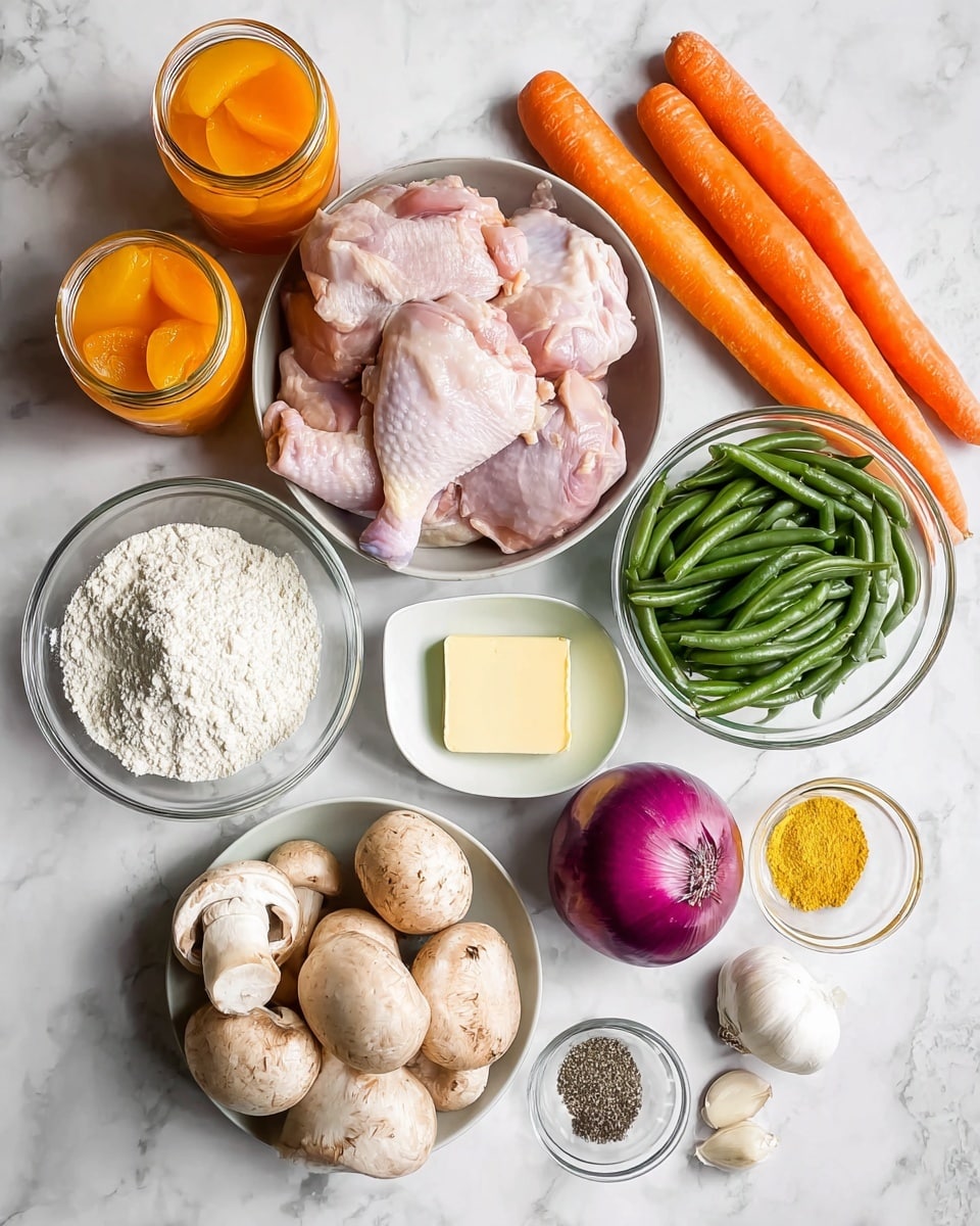 The image shows a top view of raw cooking ingredients arranged neatly on a white marbled surface. In the center, there is a bowl filled with pale pink raw chicken thighs. Around it, on the right side, two long orange carrots lay next to a clear bowl filled with green frozen green beans. Below the carrots, a white bowl contains several light brown mushrooms. To the left of the mushrooms, a whole purple onion sits next to a square piece of yellow butter. Above these, a small glass bowl holds white flour, and beside it, another small bowl contains yellow powder. A small clear bowl with salt and black pepper is placed near two garlic cloves. At the top left corner, two glass jars are filled with bright orange liquid and canned peaches, adding more color to the image. Photo taken with an iphone --ar 4:5 --v 7