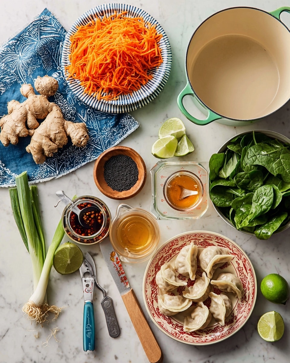 The image shows a white marbled surface with many cooking ingredients and tools neatly arranged. On the left, a white bowl with blue stripes holds bright orange shredded carrots, stacked on a white plate with a blue rim. Next to it, a bunch of light brown ginger root lies beside a blue and white patterned cloth. Nearby, a small wooden plate carries black sesame seeds with a silver measuring spoon, while clear glass containers hold golden honey and a dark spicy sauce with red flakes and a blue measuring spoon inside. A clear glass measuring cup contains a light amber liquid, and just beside it, a white pot with two green handles sits empty. On the right, a white bowl is filled with fresh dark green spinach leaves, and in front of it, a beige plate decorated with red patterns displays eight uncooked dumplings arranged in a star shape. On a pale green cutting board, sliced light brown mushrooms, two halved bright green limes, and three whole limes are placed. A stainless steel knife with a wooden handle rests on the board, next to three green onions. A set of beige measuring cups lies near the bottom center of the image. Photo taken with an iphone --ar 4:5 --v 7