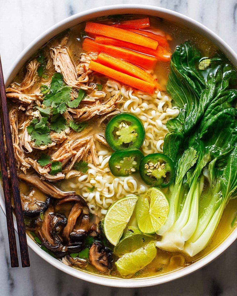 A bowl of noodle soup is filled with several colorful layers and textures. Starting from the left, there are light brown shredded pieces of cooked meat topped with small green cilantro leaves. Next to the meat are vibrant orange carrot sticks arranged in a neat pile. Moving right, two slices of fresh green jalapeño peppers with seeds visible, sit on top of curly white noodles that fill the center bottom part of the bowl. Above the noodles, bright green baby bok choy leaves with some veins and texture are placed, adding freshness. Two lime wedges with a yellowish-green tone rest near the noodles, and dark brown mushrooms with slices are placed towards the left edge. The soup broth is light golden, slightly oily, and clear, filling the spaces in between. The bowl is white, resting on a white marbled surface, and there are chopsticks on the left side partly in the soup. The photo taken with an iphone --ar 4:5 --v 7