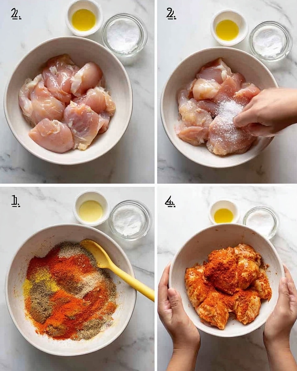 A sequence of four images showing the process of seasoning raw chicken pieces in a white bowl on a white marbled surface. In image 1, large chunks of raw chicken, pale pink and smooth, are placed in the white bowl surrounded by small white bowls with mustard, yogurt, and oil. In image 2, a woman's hand sprinkles salt over the chicken pieces, with the tiny white salt grains visible on the chicken. In image 3, the bowl contains chicken now covered with bright red, yellow, and black powdered spices on top, with a yellow spoon resting in the bowl. In image 4, the chicken pieces, now fully coated in a thick, orange-red spice mix, are held by two hands in the white bowl with the yellow spoon partially visible inside. photo taken with an iphone --ar 4:5 --v 7