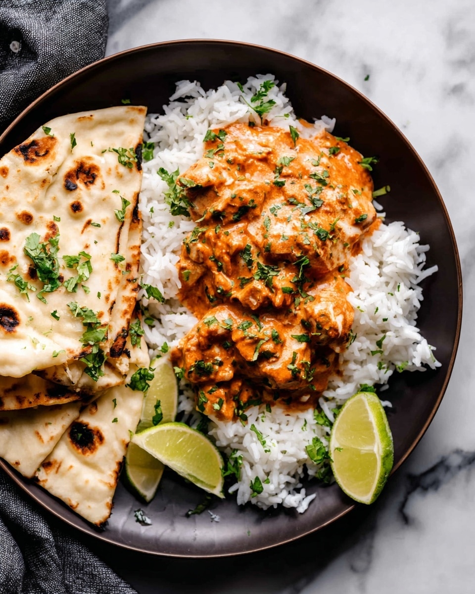 A dark plate holds a layered meal on a white marbled surface: at the bottom is a bed of fluffy white rice, topped with chunks of orange creamy sauce with green herbs sprinkled on top. To the left, folded pieces of white flatbread rest against the rice, also sprinkled with small green leaves. On the plate are two small lime wedges, one near the bread and one tucked under the rice. The textures contrast well, with soft bread, creamy sauce, and fluffy rice clearly visible. photo taken with an iphone --ar 4:5 --v 7