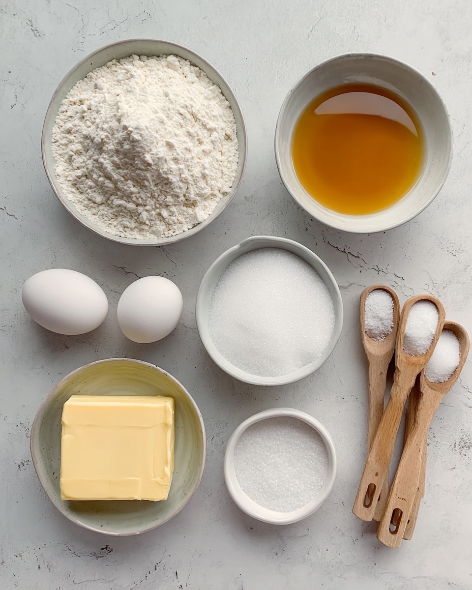 The image shows six baking ingredients laid out on a white marbled surface. There is a white bowl filled with white flour on the top left, a white bowl with honey colored liquid next to it on the right, and another white bowl filled with granulated white sugar on the top right. Below the flour bowl, there are two whole white eggs side by side. In the center bottom, a white bowl holds a solid block of yellow butter. To the far right bottom, there is a set of wooden measuring spoons, with the largest one filled with white powder. photo taken with an iphone --ar 4:5 --v 7
