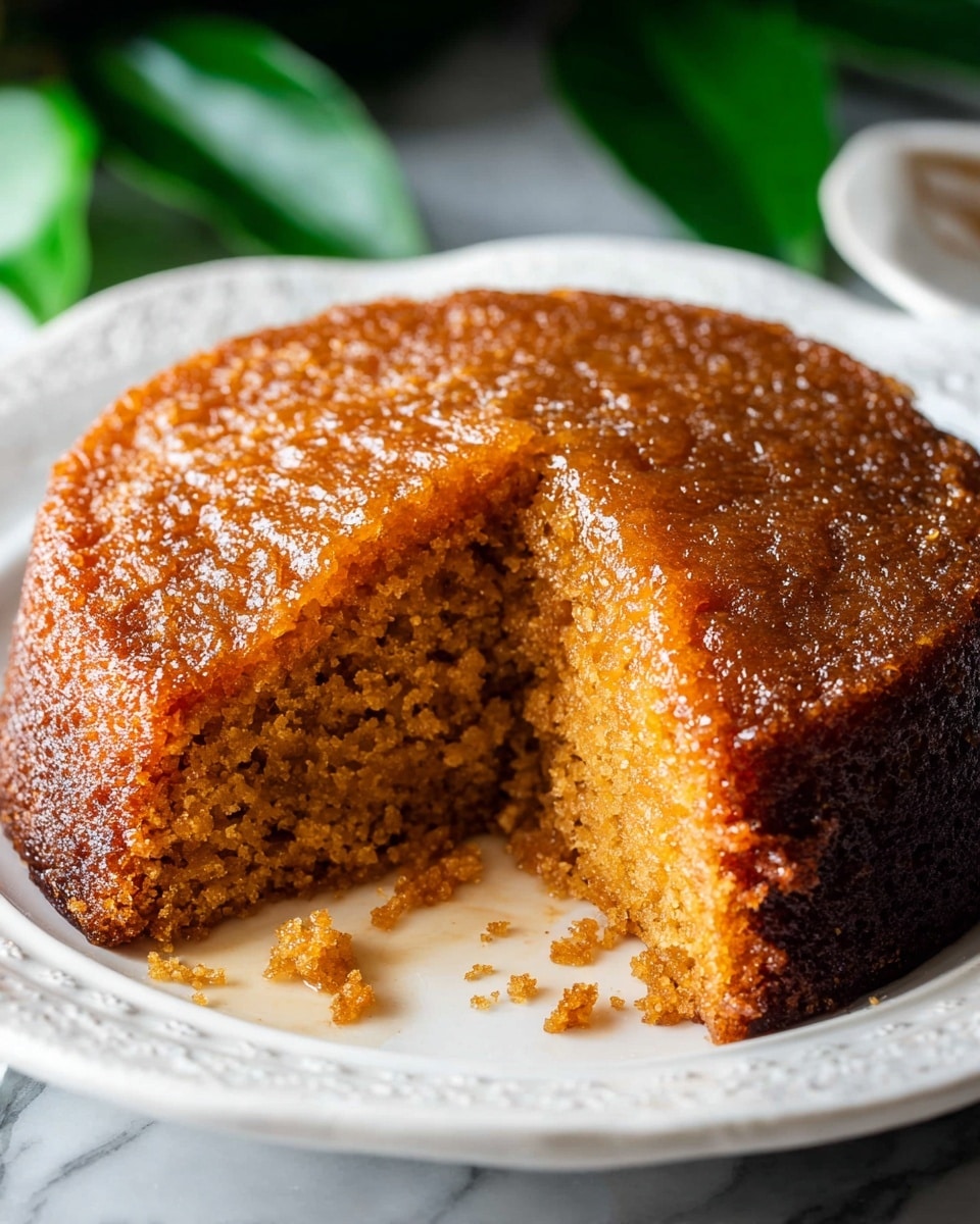 A single-layer sticky cake with a round shape and rough texture sits on a white plate with a delicate embossed rim. The cake has a golden brown color with a shiny, sticky surface, and one large wedge is removed, showing a soft and crumbly inside that is a lighter brown. The plate is placed on a white marbled surface, with green leaves softly blurred in the background. Photo taken with an iphone --ar 4:5 --v 7