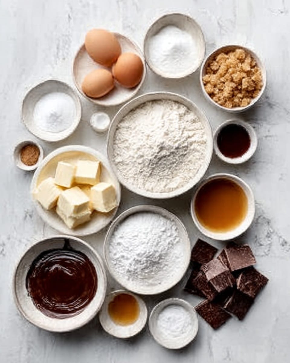The image shows several white bowls and plates arranged on a white marbled surface, each filled with different ingredients for baking. There are two eggs in a small white bowl toward the top center, with white sugar in a bowl next to them. Toward the bottom right, there is a white bowl filled with small brown sugar crystals. A larger white bowl in the middle is filled with white flour. Below that is a bowl of white powdered sugar. To the left, there is a white bowl with soft butter cubes and next to it another bowl with a light brown sauce. There is also a pile of dark brown chocolate chunks on the right side of the flour bowl. Small bowls with vanilla and salt are scattered around the arrangement. The photo is taken with an iphone --ar 4:5 --v 7