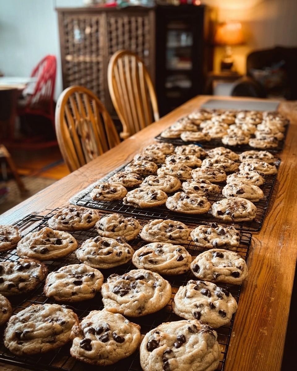 Several trays of chocolate chip cookies are placed on a wooden table with a warm tone. The cookies are light golden brown and topped with many dark chocolate chips, with a soft and chunky texture, arranged in rows across four cooling racks. The background shows wooden chairs and a wicker cabinet, with a cozy indoor setting. The photo is clear and bright, showing the details of the cookies and the room. photo taken with an iphone --ar 4:5 --v 7