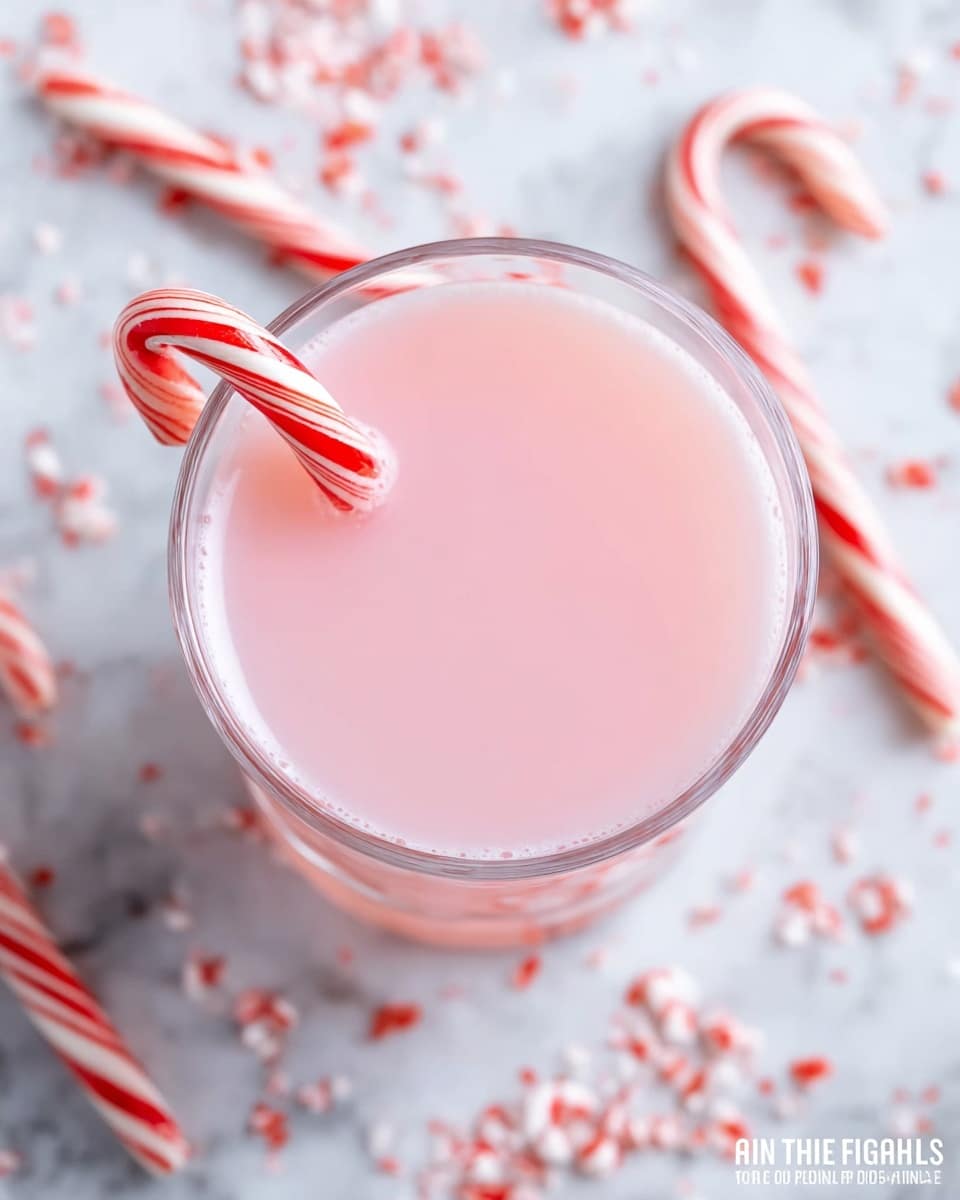 A clear glass filled with a smooth light pink liquid, topped with a red and white striped candy cane placed inside the glass on the left side. The glass is set on a white marbled surface scattered with small pieces of crushed candy canes and whole candy canes in the background. The image shows a close top view of the drink surrounded by festive candy cane elements. Photo taken with an iphone --ar 4:5 --v 7