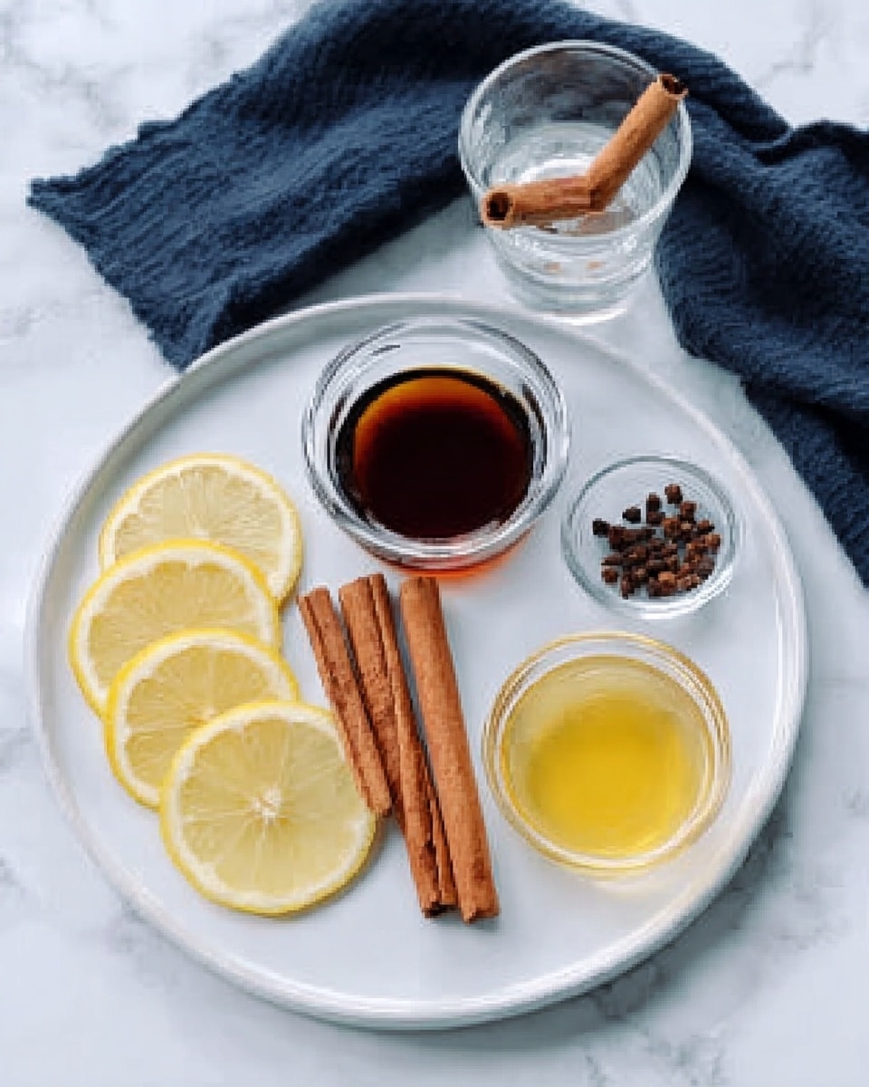 The image shows a white round plate on a white marbled surface with three cinnamon sticks placed horizontally at the bottom center. Above the cinnamon sticks, there are small piles of whole cloves on the right side. Two small clear glass bowls are positioned above the cinnamon, one on the left filled with a dark brown liquid, and the other on the right filled with a light yellow liquid. At the top center of the plate, there are two thin lemon slices resting slightly overlapping each other. Behind the plate, a clear glass cup with a cinnamon stick inside is visible and a folded dark blue cloth is partially placed under the left side of the plate. photo taken with an iphone --ar 4:5 --v 7
