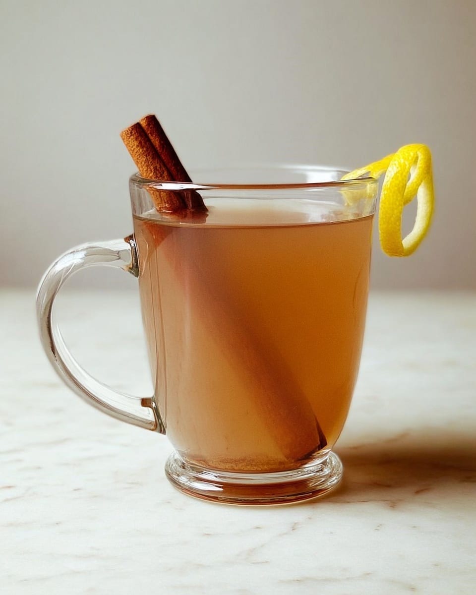 A clear glass mug filled with light brown liquid, with one cinnamon stick placed inside vertically, and a thin twist of yellow lemon peel hanging on the right side of the mug's handle. The mug is set on a white marbled surface with a plain light background. Photo taken with an iphone --ar 4:5 --v 7