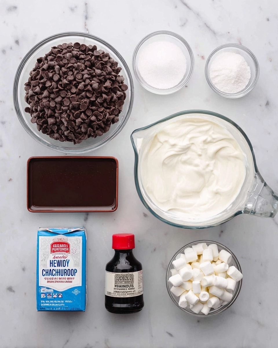 The image shows seven ingredients placed on a white marbled surface. Starting from the top left, there is a clear glass bowl filled with dark brown chocolate chips. Next to it on the right are two smaller clear bowls, one with white granulated sugar and the other with fine white salt. To the right of these, there is a large clear glass measuring cup filled with white heavy whipping cream. Below the glass bowl of chocolate chips is a rectangular dark brown tin of unsweetened cocoa powder. In the center, there is a blue and white carton of heavy whipping cream. To the right of this carton is a small black bottle with a red cap containing vanilla extract. The last ingredient, located on the bottom right, is a small clear glass bowl filled with mini white marshmallows. The overall setup is neat and evenly spaced, with each container or carton visibly full or nearly full. Photo taken with an iphone --ar 4:5 --v 7