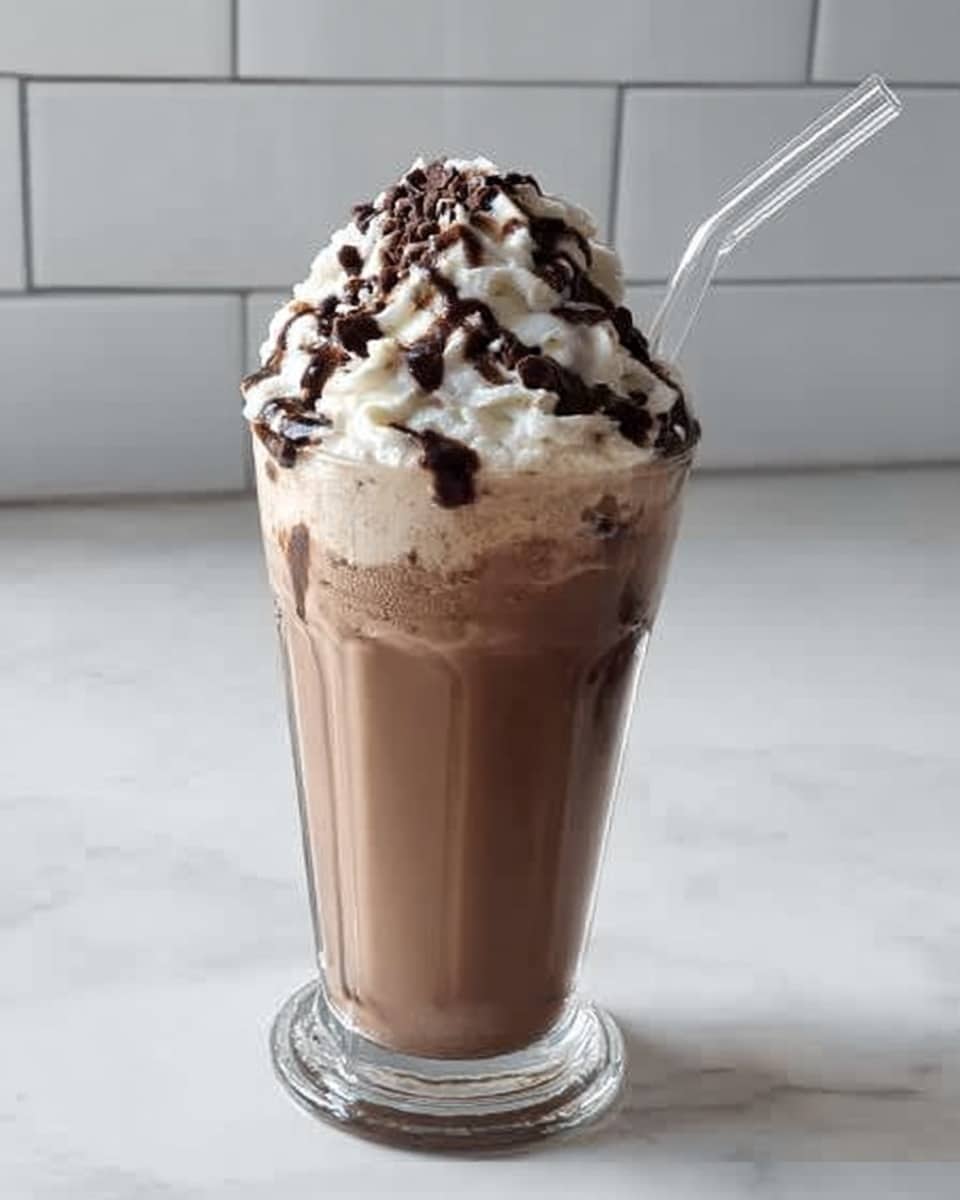 The image shows a tall clear glass filled with a light brown chocolate milkshake layered with ice blended inside. On top is a thick swirl of white whipped cream, with dark brown chocolate syrup drizzled over it. A clear straw leans from inside the whipped cream out of the glass. The glass is placed on a white marbled surface with a light tiled white wall in the background. Photo taken with an iphone --ar 4:5 --v 7