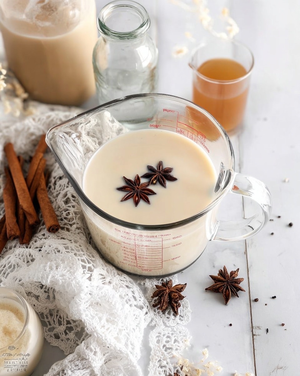 The image shows a clear glass measuring jug filled with a light creamy liquid with two star anise pieces floating on top, placed on a white marbled surface. Around the jug, there are cinnamon sticks, more star anise pieces, a small empty glass bottle, a short glass filled with light brown liquid, and a partly visible glass filled with white liquid. A white lace cloth is partially underneath the short glass and jug, adding a textured background. The setup is bright and clean, with a cozy, warm feel, photo taken with an iphone --ar 4:5 --v 7