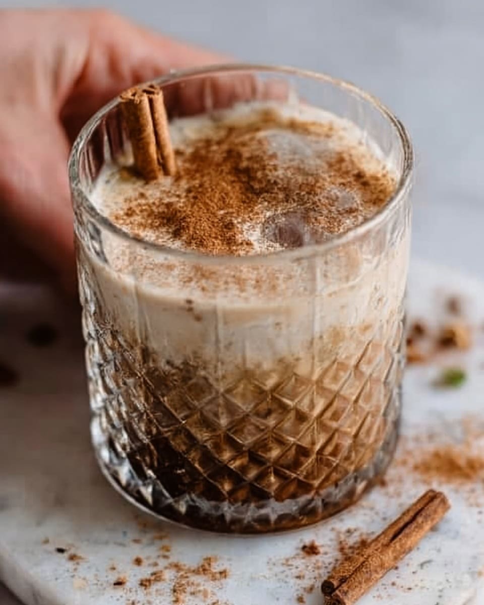 A close-up of a clear glass with a diamond pattern filled with a creamy drink that has a light brown color on top and a darker layer at the bottom. The drink is topped with a sprinkle of fine brown powder and two small cinnamon sticks resting on the surface. The glass sits on a white marbled surface with scattered brown spices around it. A woman's hand is partly visible holding the glass from the side. Photo taken with an iphone --ar 4:5 --v 7