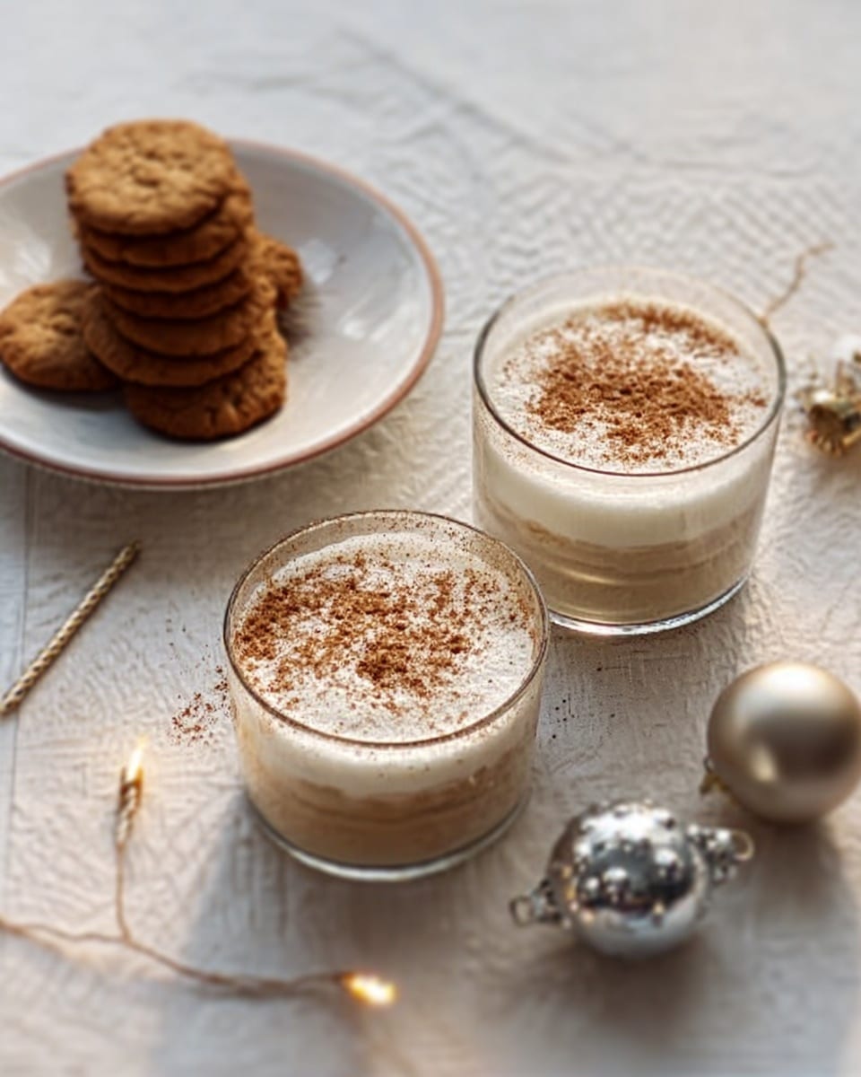 A white marbled surface with two clear glasses filled with a creamy layered drink topped with sprinkled cinnamon. To the top left, there is a white round plate stacked high with small, golden-brown cookies. The scene includes soft warm lighting and two shiny silver Christmas ornaments placed near the glasses. photo taken with an iphone --ar 4:5 --v 7
