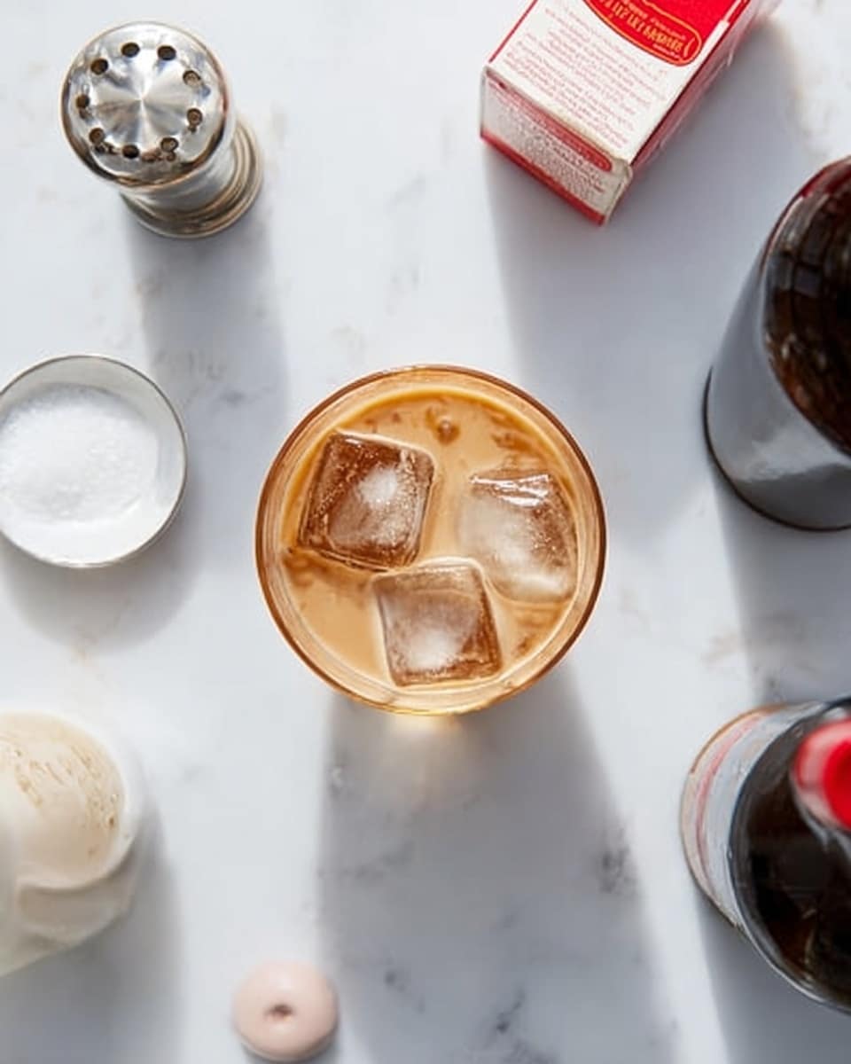 A top-down view of a clear glass filled with light brown liquid and three ice cubes sitting on a white marbled surface. Around the glass, there is a small metallic shaker to the left, a white round salt container above, a red and white carton at the top right, a dark cocktail shaker on the right side, and a small bottle with a red cap near the shaker. All elements rest on the white marbled surface. Photo taken with an iphone --ar 4:5 --v 7