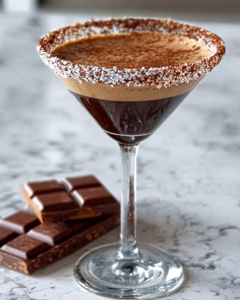 A clear glass cocktail glass filled with a layered chocolate drink. The bottom layer is thick dark chocolate, topped by a creamy light brown layer with a smooth texture. The rim of the glass is coated with a thin line of white and brown crushed bits, adding texture and contrast. The glass is placed on a surface with a white marbled texture and two pieces of broken chocolate bars lie nearby. Photo taken with an iphone --ar 4:5 --v 7