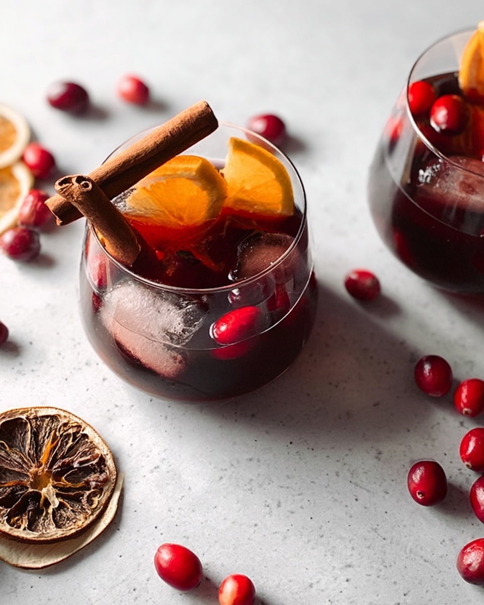 Two clear round glasses sit on a white marbled surface, each filled with a dark red liquid and ice cubes. In both glasses, a large cinnamon stick rests on the top, along with thin orange slices partially submerged in the drink. Around the glasses, there are scattered red cranberries and a dried orange slice with dark brown edges. The colors contrast nicely against the light background, giving a warm and cozy feeling. photo taken with an iphone --ar 4:5 --v 7