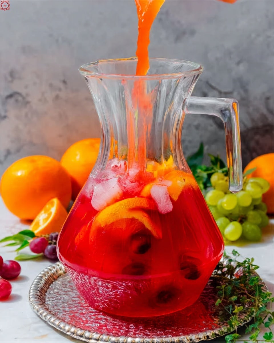 A clear glass pitcher filled with bright red liquid containing visible slices of orange and lemon, as well as ice cubes floating inside. The pitcher is tilted slightly with orange juice being poured into it, creating a splash effect at the top. The pitcher sits on a white marbled surface with a silver textured round tray underneath. Around the pitcher, there are whole oranges, a bunch of green herbs, and some grapes scattered on the surface. Photo taken with an iphone --ar 4:5 --v 7