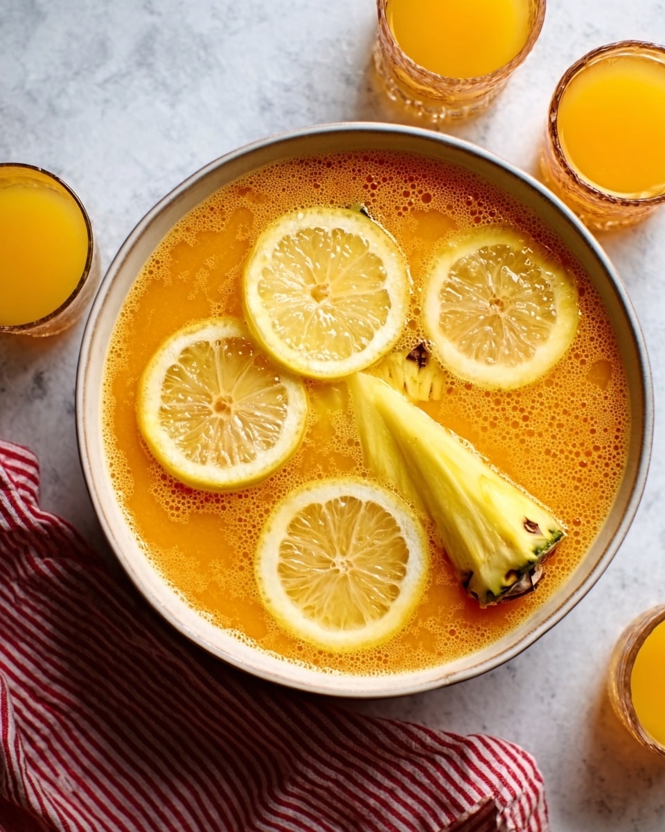 The image shows a white bowl filled with a bright orange soup topped with round lemon slices and a long piece of pineapple. The soup has a smooth texture with small bubbles on the surface. The lemon slices are arranged mostly on the top, showing their light yellow color and seeds inside. The pineapple piece is placed diagonally across the bowl, showing its rough texture and pale yellow flesh. Around the bowl, there are small glasses filled with the same orange drink, sitting on a white marbled tablecloth that has a red striped cloth beside it. Photo taken with an iphone --ar 4:5 --v 7