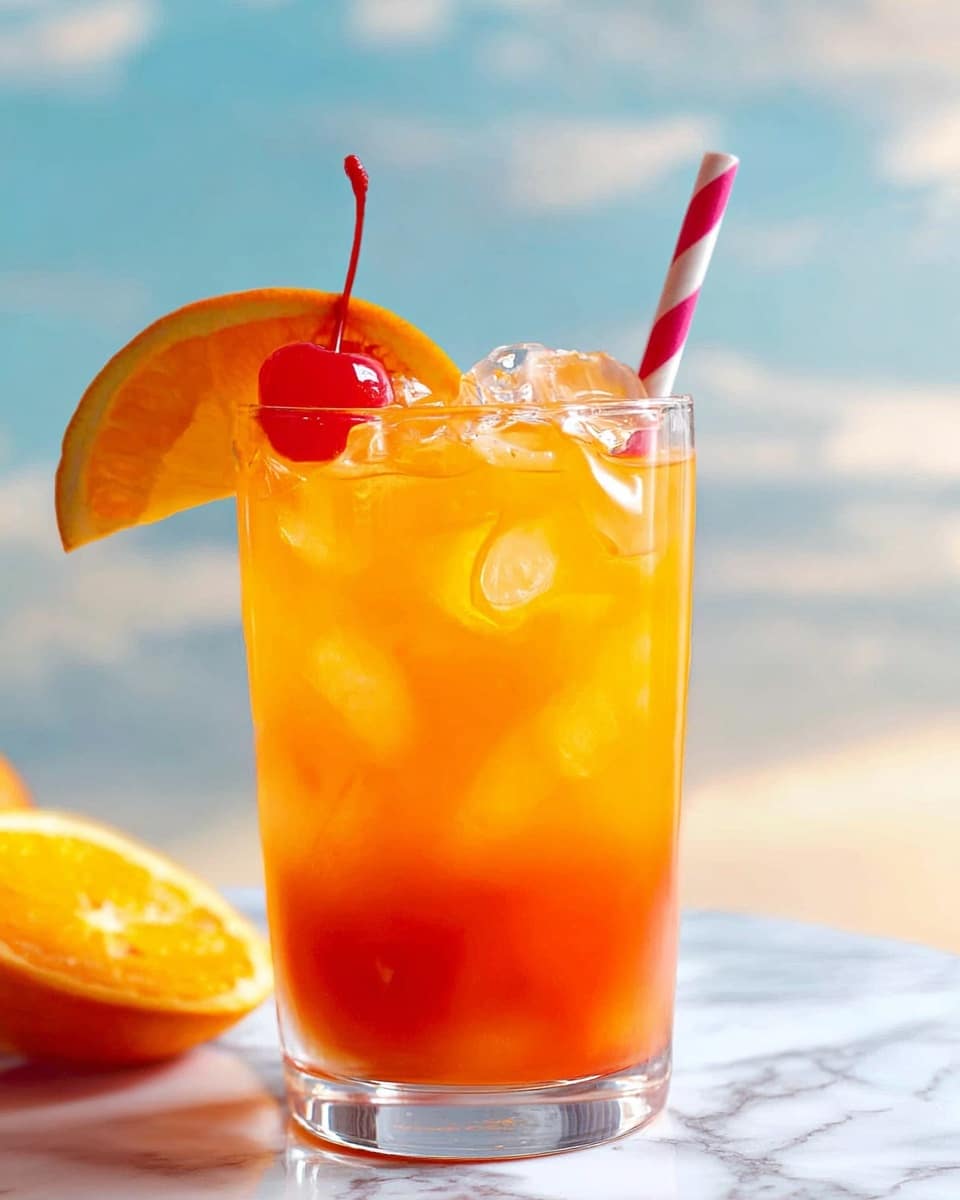 A clear glass filled with an orange drink and several ice cubes inside shows three main layers: at the bottom, a deep orange layer, a lighter orange layer in the middle, and a nearly transparent light orange color near the top. The glass is placed on a white marbled surface with an orange slice and a red cherry on a thin stem resting on the rim of the glass. A red and white striped straw is sitting inside the glass on the right side. The background is a blurred sky with soft blue and white colors. Photo taken with an iphone --ar 4:5 --v 7
